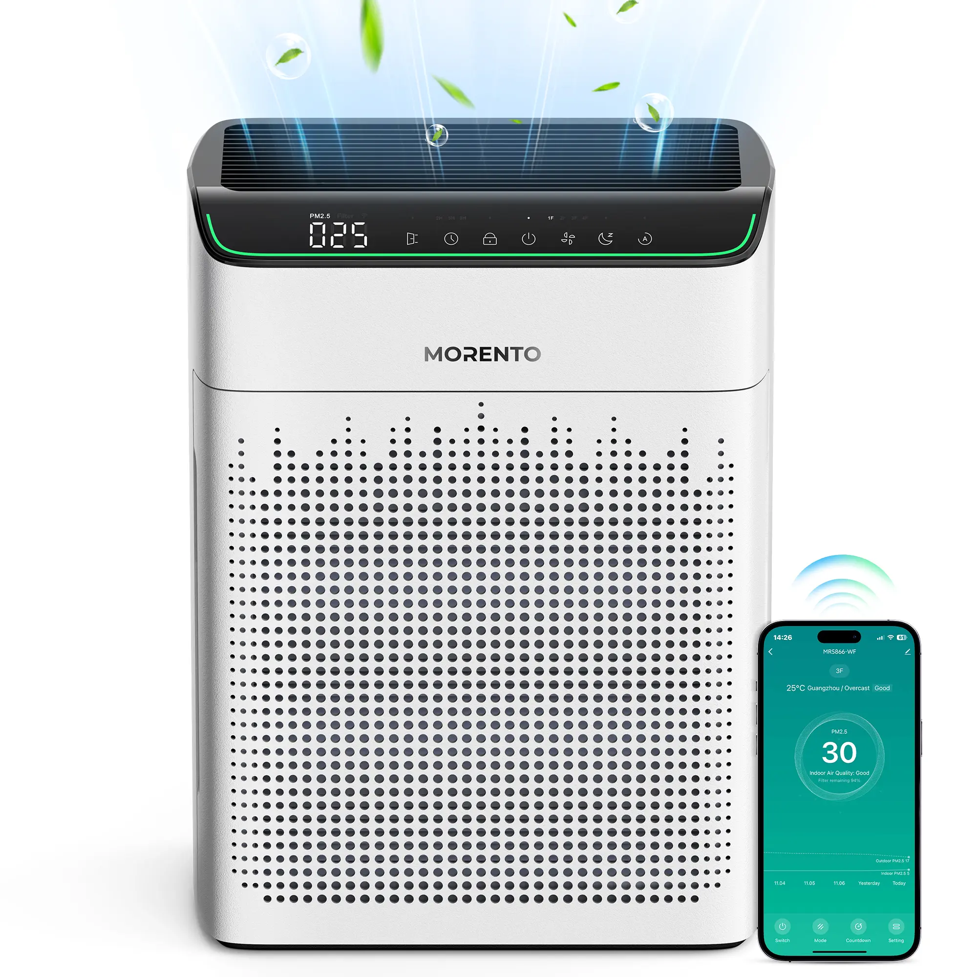MORENTO MR5866 Large Room Air Purifier (Up to 1690 ft²) with True HEPA Filter for Severe Wildfire Smoke & Dust, Real-Time PM2.5 Display, Pet Mode, Auto Mode, Wi-Fi, Dual-Sided Intake, Home Diffuser, Voice Control, Smartphone App Control, Adjustable Timer
