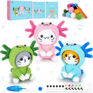 Crochet Kit for Beginners - 3 PCS Axolotl Cat Crochet Kits with Step-by-Step Video Tutorials, Beginner Crochet Kit for Adults, Crochet Cat Dressed as Axolotl Set