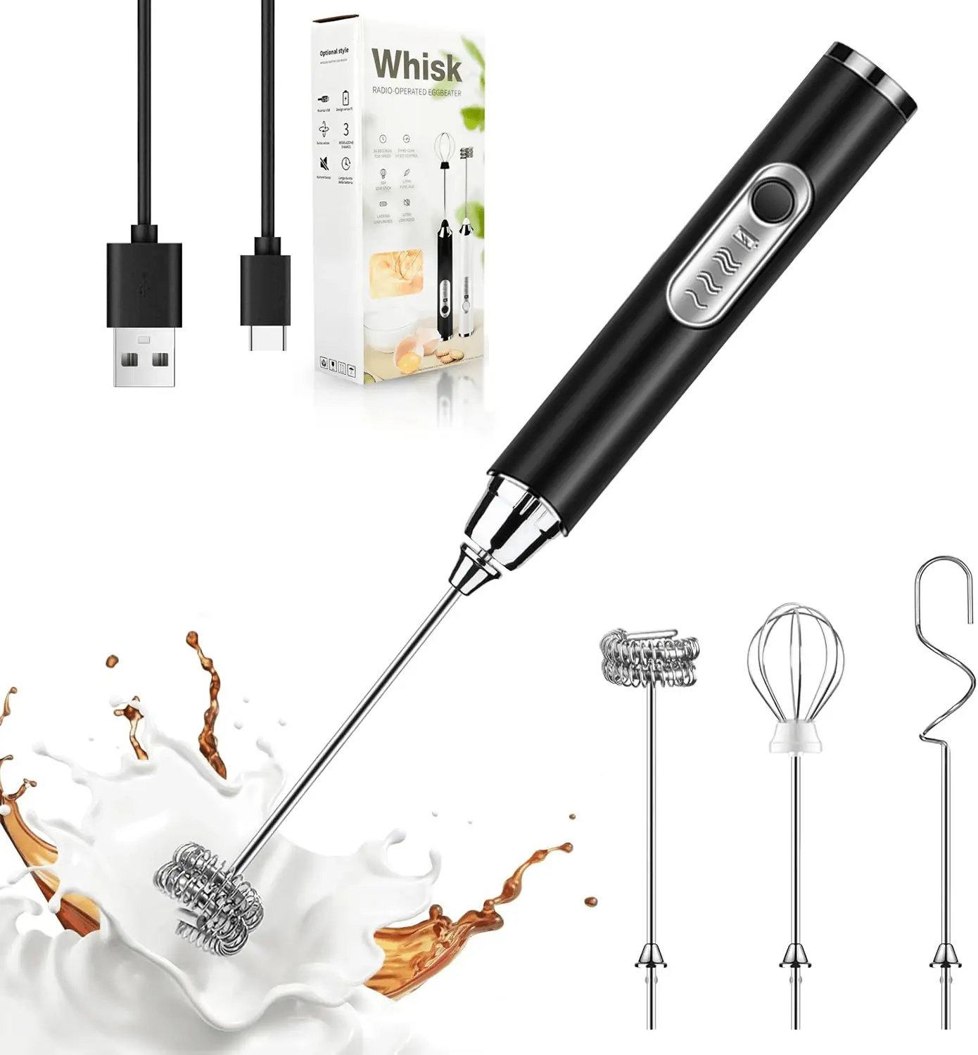Rechargeable Handheld Milk Frother, 3-Speed Electric Coffee Frother with 2 Stainless Steel Whisks, Decoration Tool & Stand for Latte, Cappuccino, Matcha and Cream