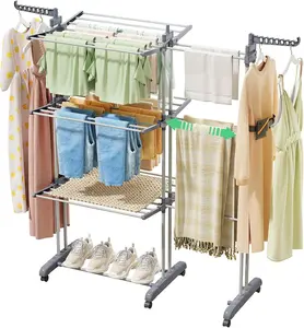 Clothes Drying Rack - Foldable Movable Clothes Rack Drying 30.0" W to 59.0" W Extensible Drying Rack Clothing Oversized 4-Tier Stainless Steel Large Clothes Rack Drying Indoor and Outdoor