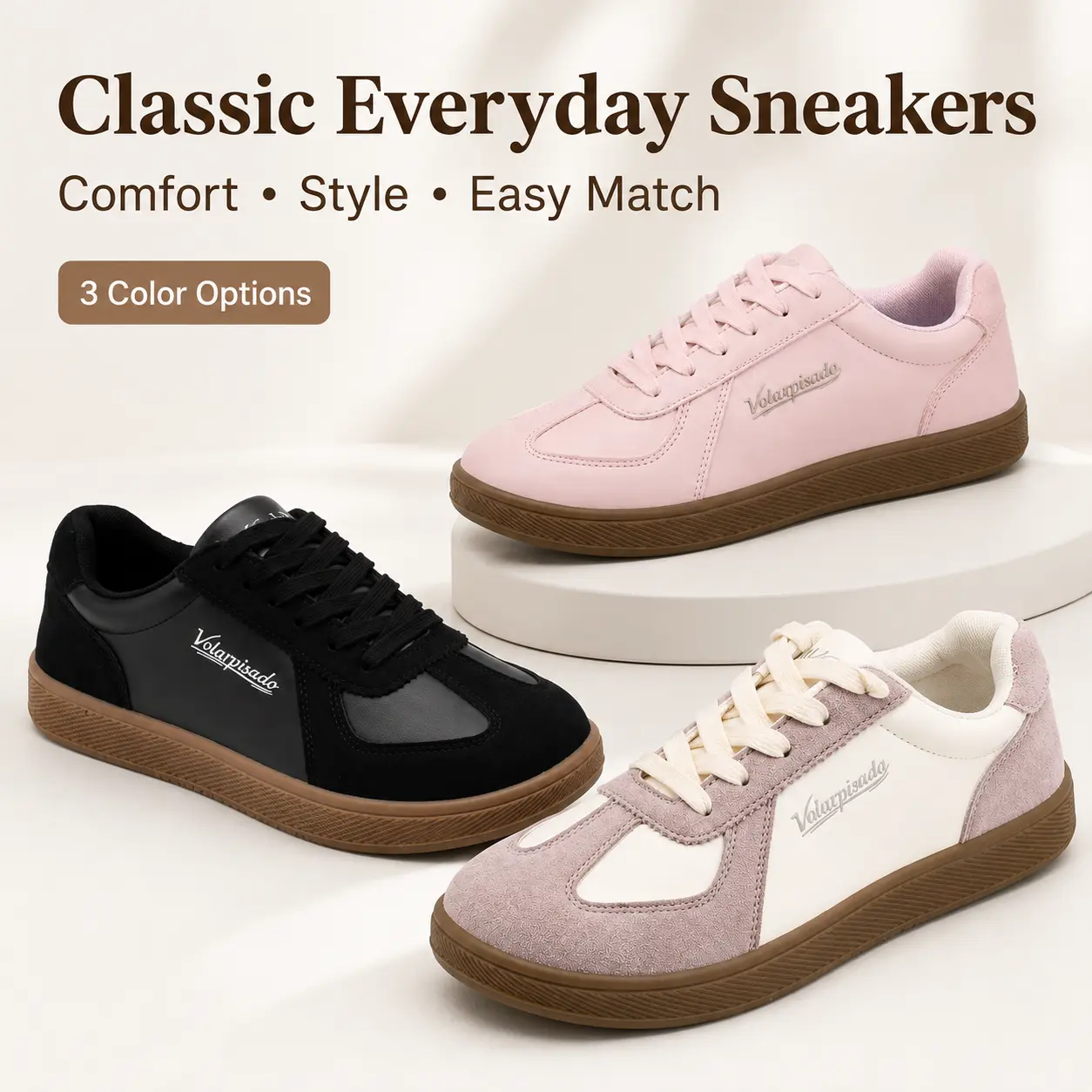 Classic Everyday Sneakers - Comfort Style Easy Match 3 Color Options for Daily Wear