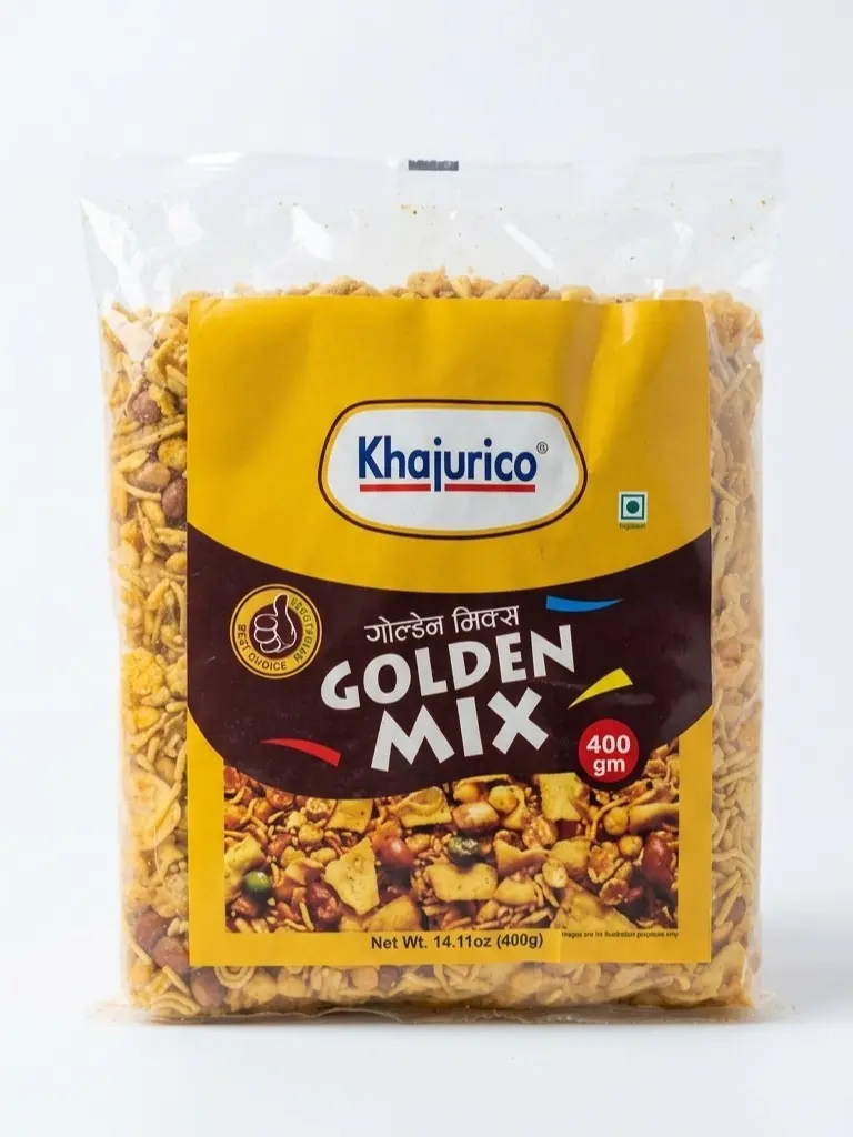 Khajurico Golden Mix Dalmoth Savory Crunchy Traditional Wheat Vegetarian Safe Crispy Snacks - Ambient, Black Salt, Chilli Powder, Roasted Peanuts, Crispy Lentils Infused Puffed Tea Time Treat