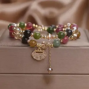 EM Double Layer Rainbow Tourmaline Round Bead Bracelet, Bohemian Jewelry for Daily Wear, Yoga, Gifting, Featuring Longevity Lock Charm, Color Design