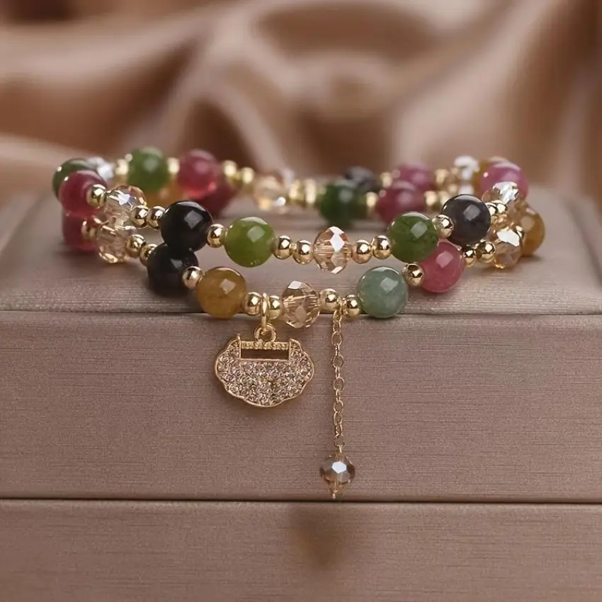 Double Layer Rainbow Tourmaline Round Bead Bracelet - Dainty Crystal, Crystal Inspired Fashion Beaded Lucky Bohemian Costume Jewelry with Longevity Lock Charm, for Daily Wear, Gifting, Dainty Crystal Bracelet