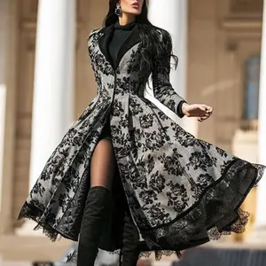 A large-sized retro long trench coat with lace patchwork for women in winter 2025 Womenswear Jackets