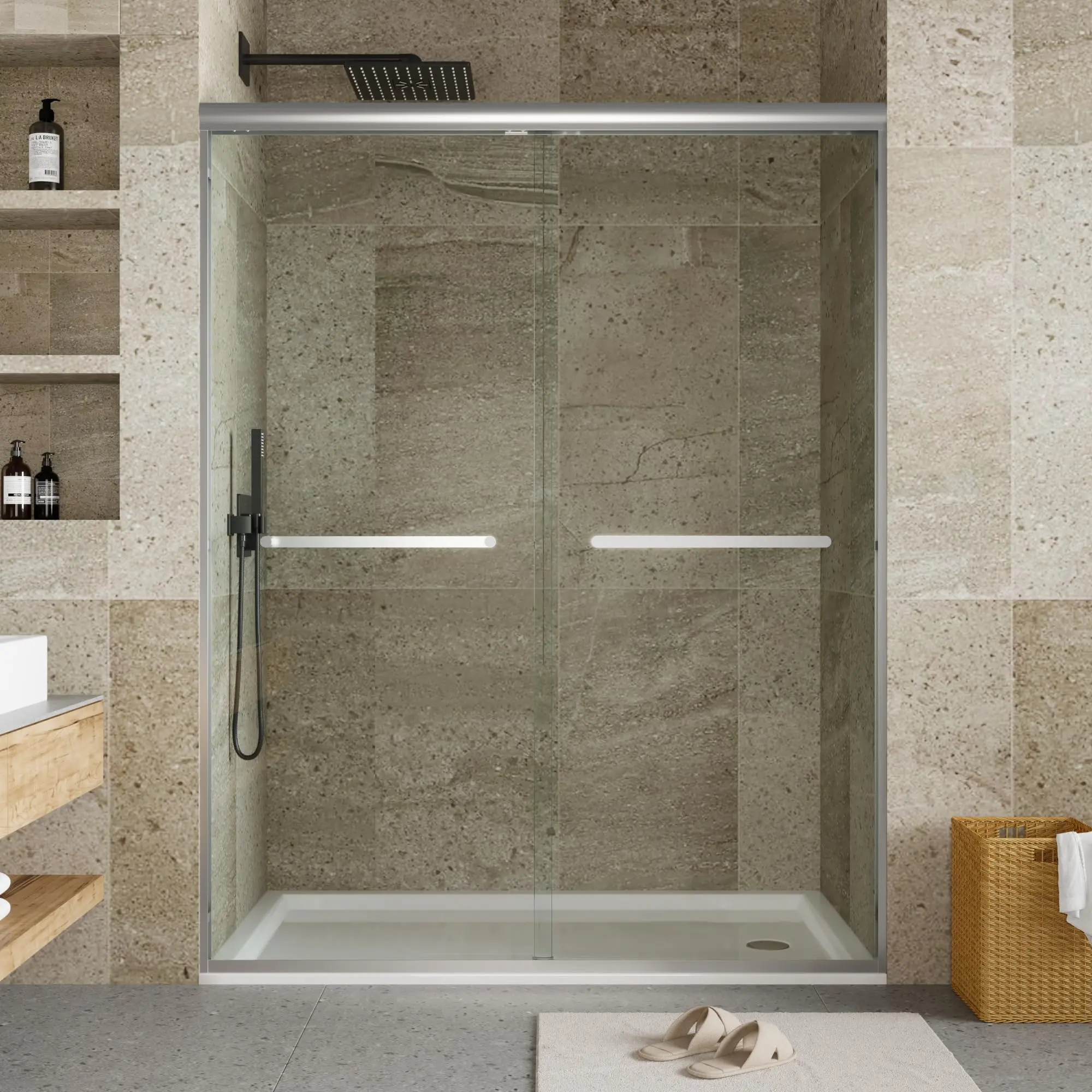 Garvee Glass Shower Doors 56-60 inch W x 72 inch H, Brushed Silver Double Sliding Tempered Glass Panels, Sliding Shower Door for Bathroom Renovation