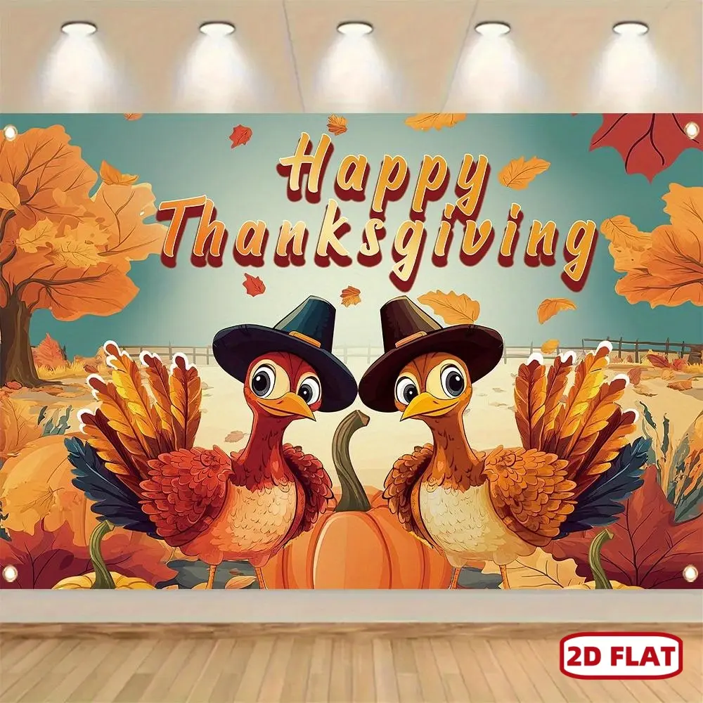 1pc Polyester Happy Thanksgiving Wishing Banner - 2D Flat Dual Turkey Vibrant Print, Durable Party Decor, Easy-to-Hang Wall Hanging Backdrop for Fall Holiday, Birthday Parties