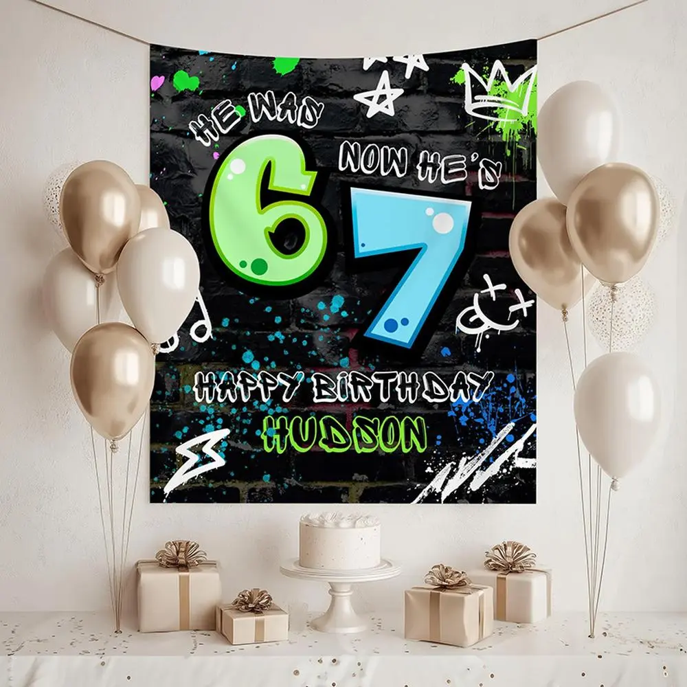 Kids' Multicolor Printed Custom 2D Flat Graffiti-Style Polyester Reusable 1-Piece Birthday Banner - Personalized Name & Age, 6-7 Themed Party Decoration, Hanging Cloth Backdrop for Wall, Door & Photo Booth, Happy Birthday, 1Pc