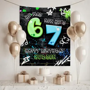 1PC,2D Flat Personalized Graffiti - Style Birthday Banner, Custom Name & Age, 6 to 7 Themed Party Decoration, Kids' Birthday Backdrop, Party Scene Decor Hanging Cloth, Wall - Decor Door Bann