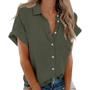 Imily Bela Womens V Neck Collared Button Blouses Casual Pocket Short Sleeve Fashion Loose Shirt