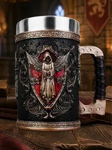 The Armored Kingdom 16 oz Stainless Steel Cup - Pewter-Bronze & Divine Gold Accents, Hand-Painted Aesthetic Fantasy Collectible Kitchenware Drinkware, Reuse Tumbler for Coffee, Tea, Washable