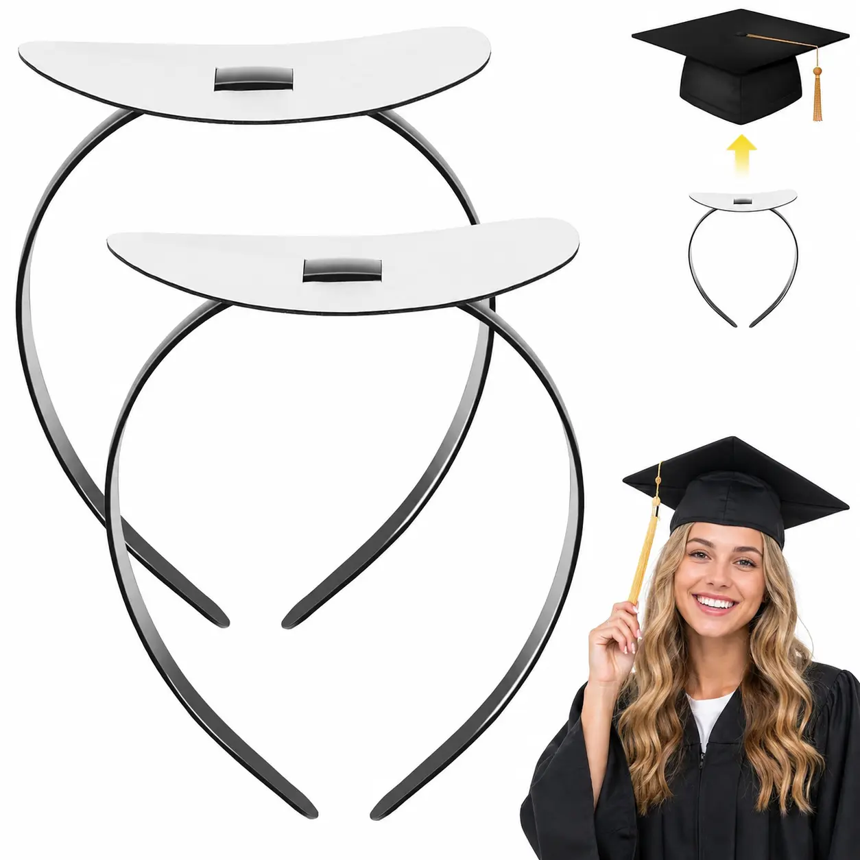 2 Pack Graduation Cap Headband, Firm Anti-fall Hair Band Curly Hair for Graduation Cap, Graduation Gifts Hat Accessories for Graduates, Students, Women