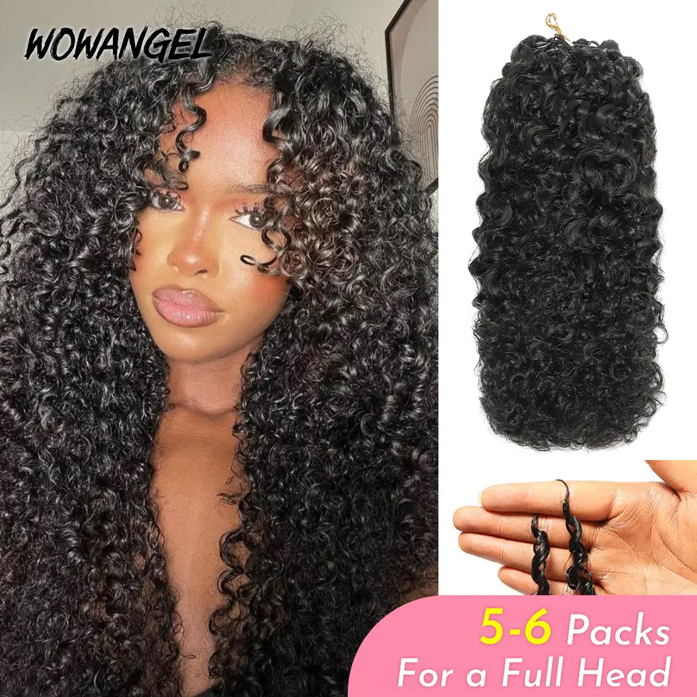 [Buy 4 Get 1 Free] Burmese Curly Kinky Curly Pre-Separated Feather Crochet Hair Miracle Knots Braids For Braiding Deep Curly Deep Wave invisible Knots Real Human Hair Extensions With String Nature Black Color WOWANGEL#SummerVibes