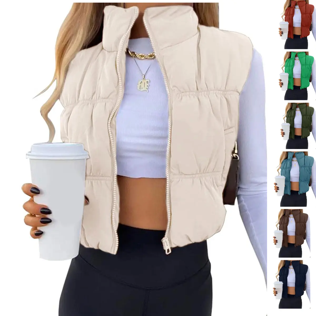 Ommig Lady's Retro Casual Cropped Zip-Up Puffer Vest - Women's Stand Collar Sleeveless Lightweight Padded Gilet with Pockets, Zipper Jacket,summerwins,back to school,back to school shopping