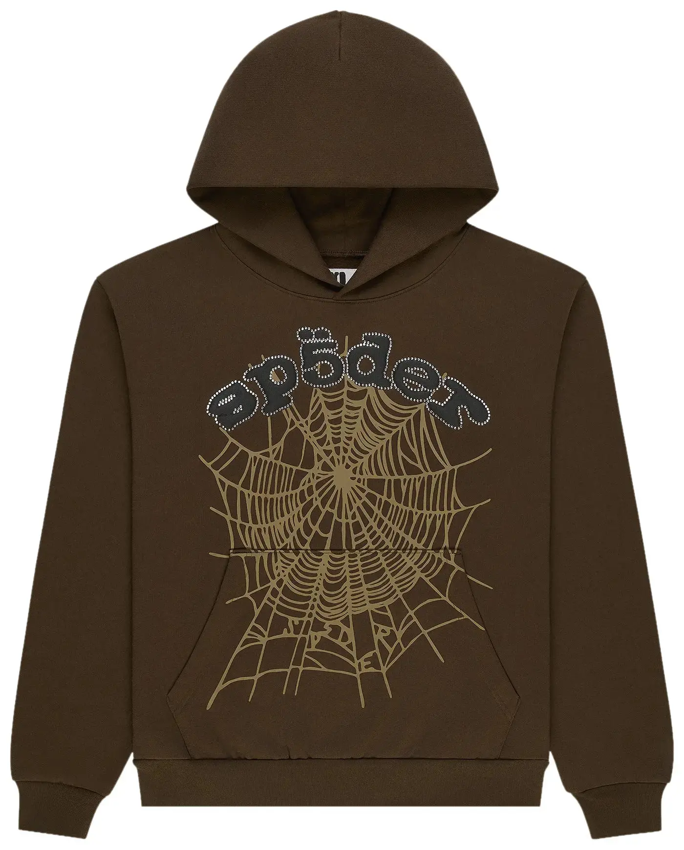 Sp5der Menswear Stylish Spider OG Web Rhinestone Long Sleeve Hoodie, Men's Tops (Brown)