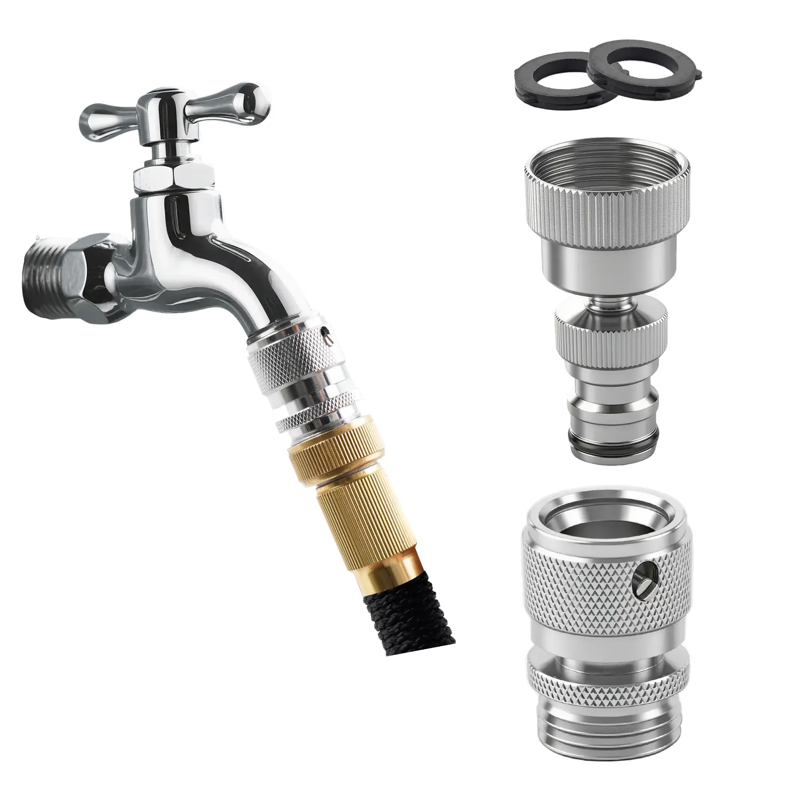 Hibbent 360° Rotatable Garden Hose Quick Connector Set, 3/4 Inch GHT Thread Solid Brass Fittings, Female-Male Adapters for Water Hose Quick Connect Applications, Garden Hose Quick Connect Fittings