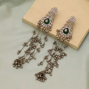 KASHMIRI Earrings with Kundan Stones, Chain Links with Ghungroo, Delicate Beads, Elegant Design, Ideal for Any Occasion