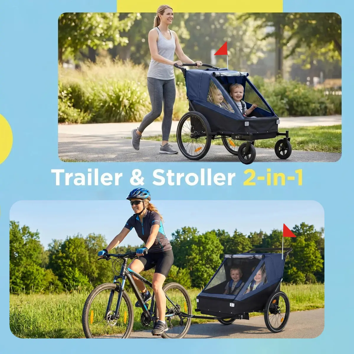 Aobtkel 2-in-1 Kids Bike Trailer & Jogging Stroller for 1-2 Toddlers, Foldable Compact Storage, Universal Bike Hitch, 5-Point Harness, Storage Bags, Dark Blue, Jogging Stroller For Toddler