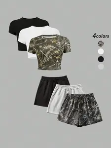 Three-Piece Set Women's Camo Print Crop Tee & Shorts & Leggings Set, Casual Short Sleeve T-shirt & Shorts & Skinny Pants, Ladies Summer Clothes, Matching Clothing Set, Clothing