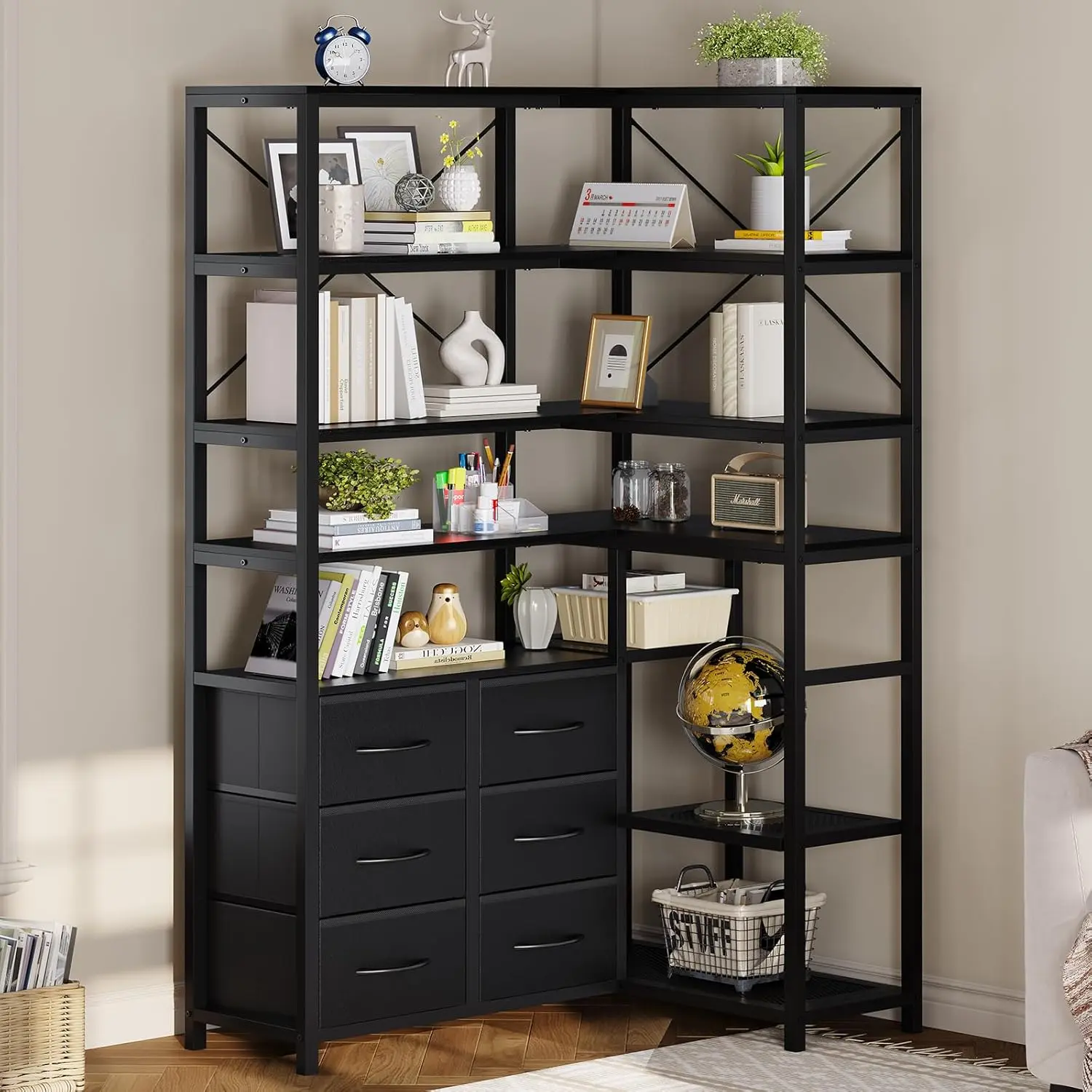 HAUOMS Pine Corner Bookshelf - 7-Tier Convertible Tall Single Unit Bookcase with 6 Fabric Drawers, Industrial Stable Sturdy Frame Furniture, Assembly Required for Home Library Small Room Office, Deformable Design, Elevate The Look