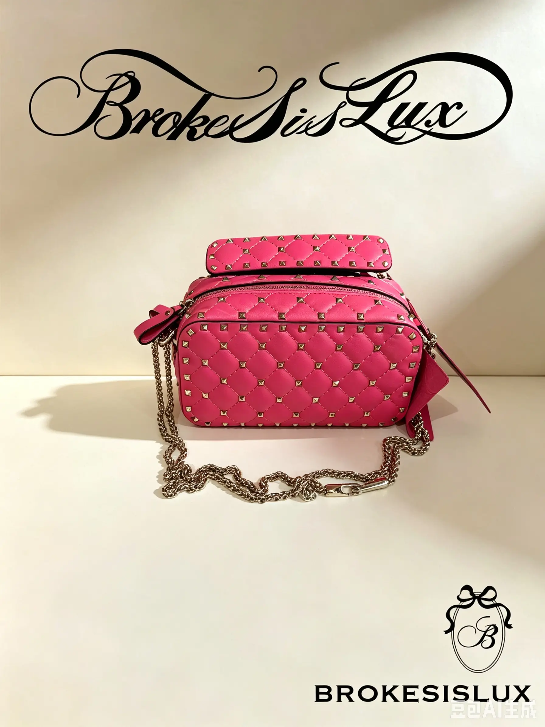Pre-owned Valentino Garavani Rockstud Camera Crossbody Bag, Fuchsia Pink Quilted Lambskin, Allover Gold Pyramid Studs, Top Zip Compartment, Antiqued Metal Chain Strap