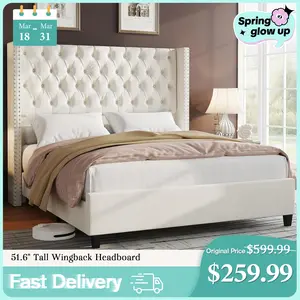 [Spring Sale] AMERLIFE Bed Frame Velvet Upholstered Platform Bed with 51.6" Tall Wingback Headboard Deep Button Tufted, No Box Spring Needed/Christmas Gift