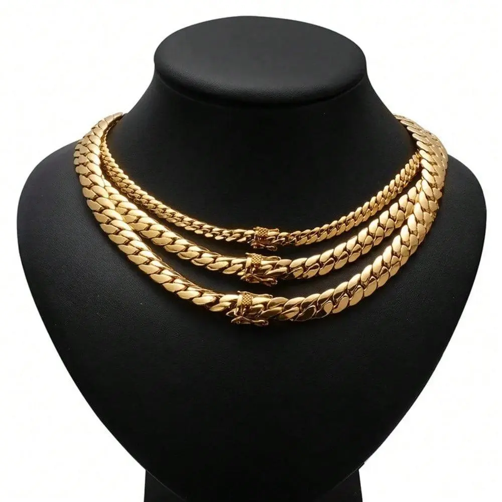 14K Gold Plated Stainless Steel Cuban Chain Necklace for Men Miami Link Bling Bling Jewelry