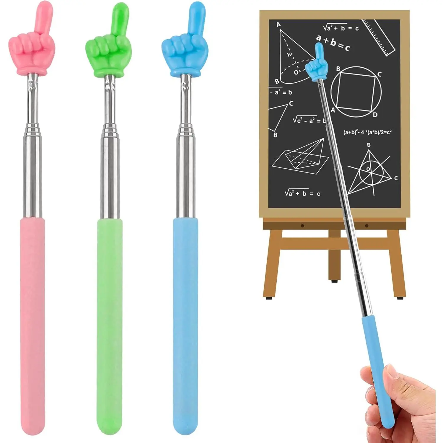 3 Pack Retractable Pointer Stick for Classroom, Extendable Pointing Stick, Ideal for Teachers,  Reading, Telescoping Hand Pointer in Blue, Pink, Green