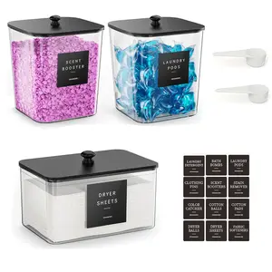 3 Pack Laundry Room Organization Containers, Laundry Pods Container, Clear Large Laundry Detergent Powder Storage Containers Black Lids & Labels, Acrylic Laundry Pods Holder for Scent, Laundry Organizer, Clear Storage Box