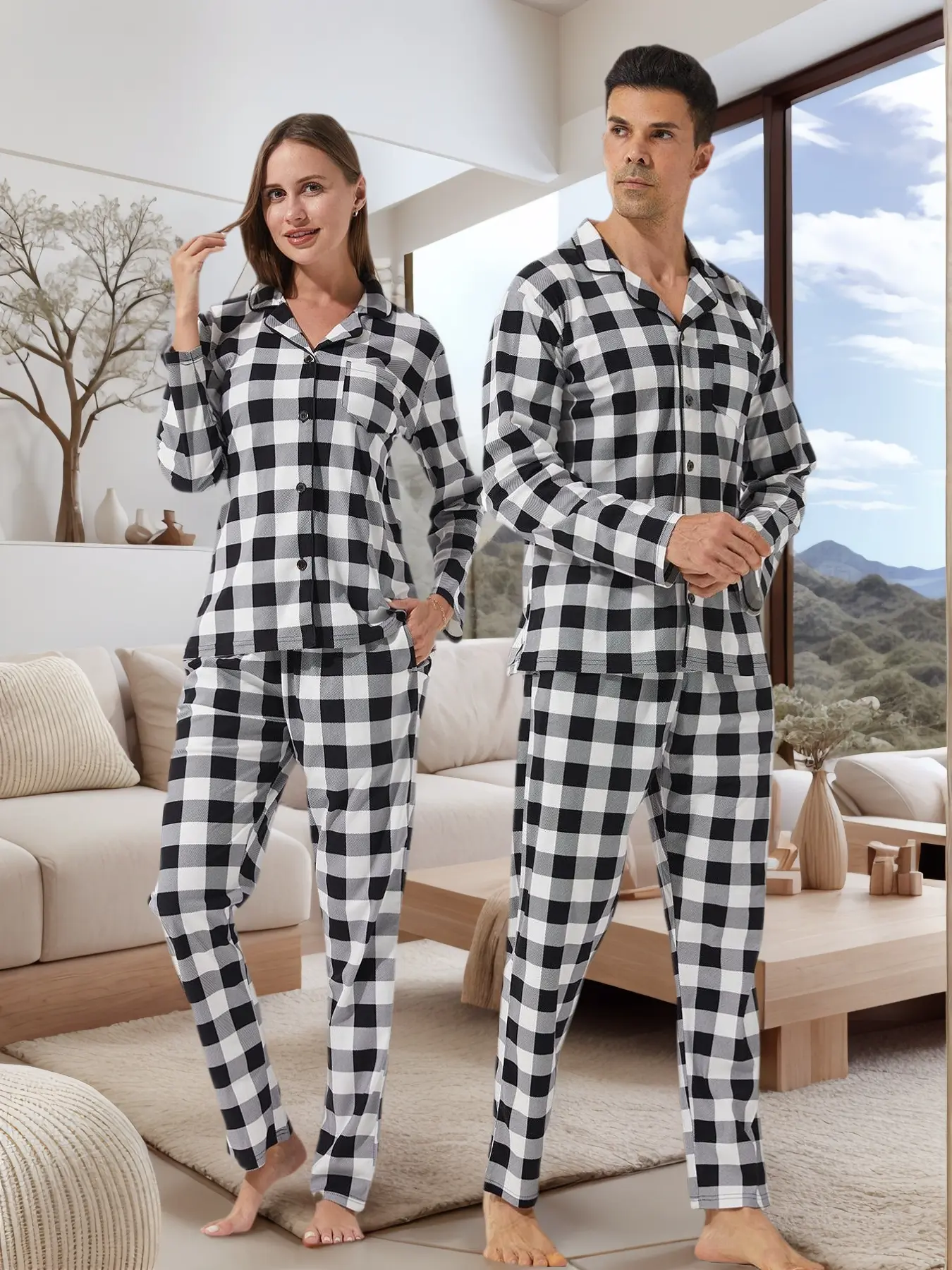 Couple's  Checkered Print Button Front Pocket Shirt & Pants Pajama Two-piece Set, Casual Comfy Fitted Long Sleeve Top & Trousers PJ Set, Men's Sleepwear & Loungewear for Spring & Fall, Knit Homewear Checked Pyjamas