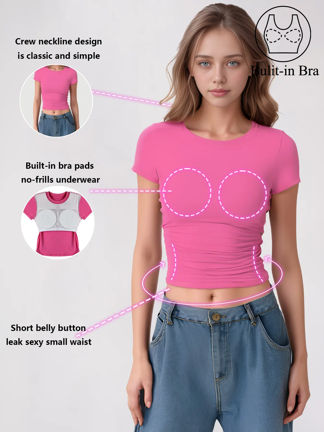 1pcs 2025 women's round neck short sleeve t-shirt with built-in chest pads, casual and versatile, suitable for going out wear, girls summer essential short sleeve t-shirt 023