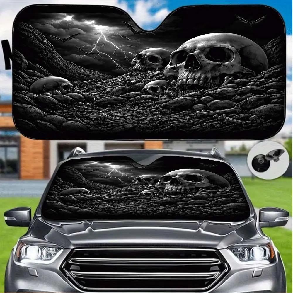 1pc Gothic Skull Bat Lightning Print Windshield Sunshade, UV Protection to Keep Your Car Cool, Foldable Easy Storage Car Interior Accessory, Elastic Straps Fit Most Cars, Perfect New Owner Valentine Easter Gift