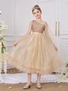0060 Tween Girls Elegant Gold Sequin Wedding Party Princess Maxi Dress Puffy Bridesmaid Prom Evening Birthday Host Flower Girl Formal Gown