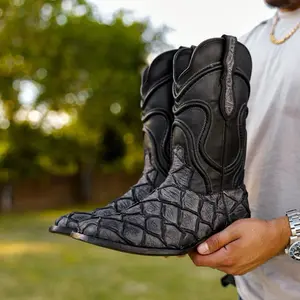 Meteorite Grey Rustic Pirarucu Leather Boots - Square Toe