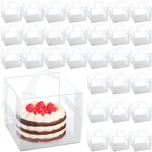32 count 6x6x5inch Clear Cake Box with Handles Transparent Bakery Boxes Mini Cupcake Carrier with Lid Plastic  Containers for Cake  Dessert Birthday Wedding Christmas Party Favors