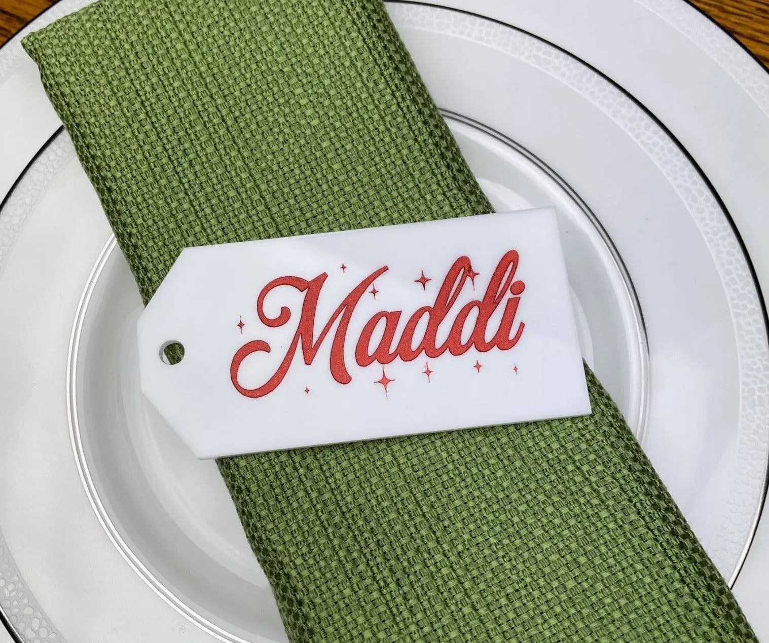 Personalized Custom Gift Tag, Place Card, Christmas Holiday Tags in White with Red Color Fill, Acrylic Laser Cut