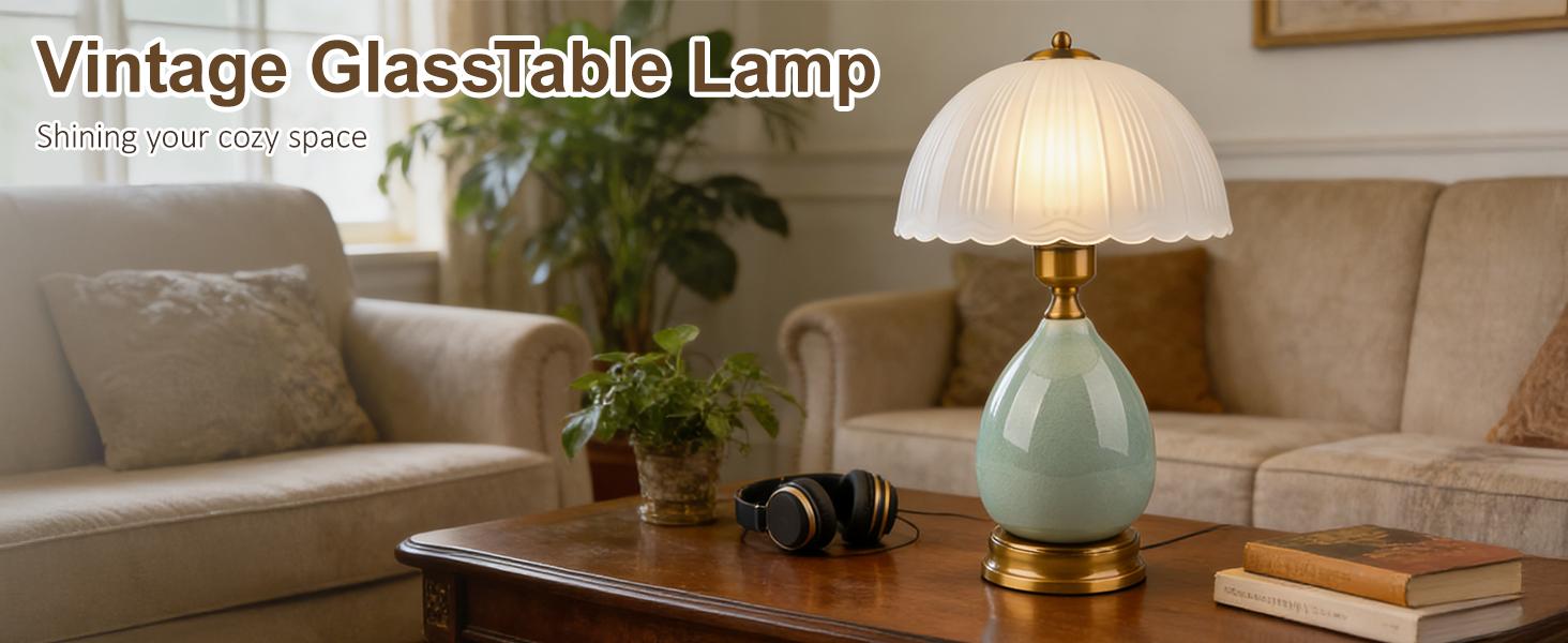 Table Lamps Ceramic Retro Lamp for Living Room,16.73" Modern Bedside Nightstand Traditional Lamps, Classic Chinoiserie Green Glass Lamp for Home (French Country)