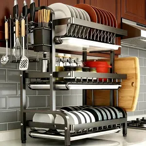 3-Tier Dish Drying Rack | Kitchen Counter Organizer with Utensil & Cutting Board Hooks, Built-in Drainboard, Ample Storage Space, Strong Load-Bearing, Perfect Size & Great Value Must-Have Kitchen Essentials