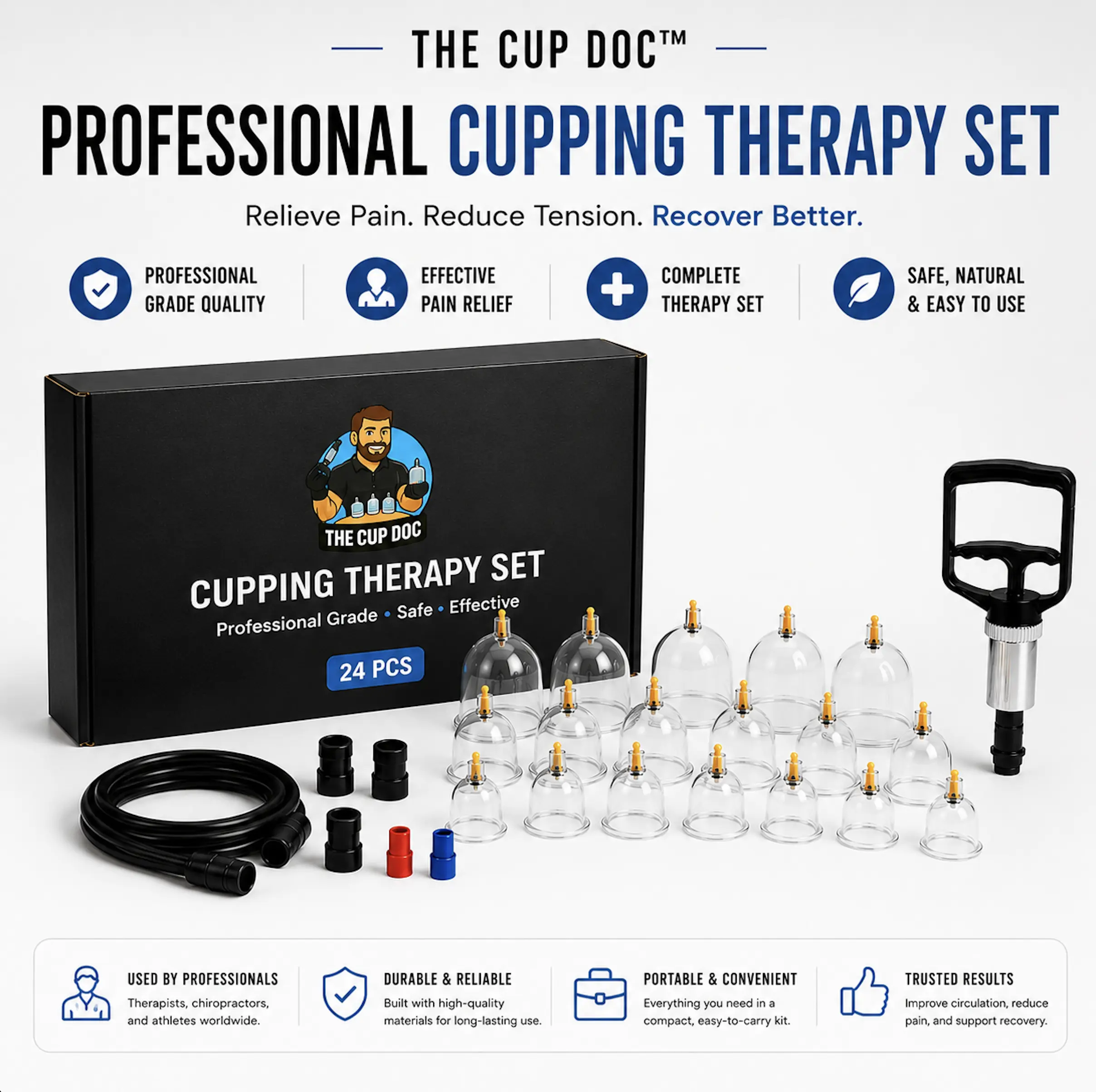 Cupping Therapy Kit 12PC & 24PC | Certified Cupping Therapist Designed | Back Pain Relief, Muscle Recovery & Deep Tissue Massage | Hand Pump and Hose | At-Home Athletic Recovery & Self Care Set