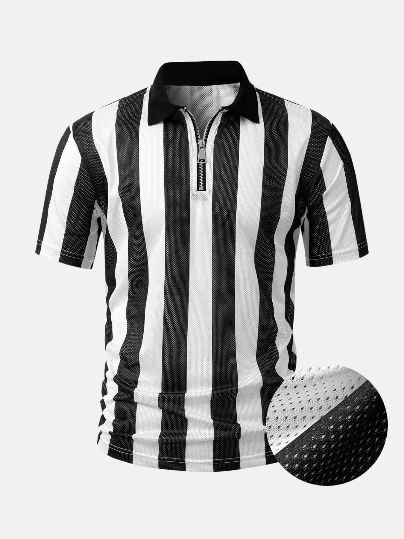 Men's Striped Referee Polo Shirt, Short Sleeve Quarter-Zip Mesh Umpire Uniform, Comfortable Sportswear for Games & Events, Athletic Workout Clothing, Athletic Training Tops
