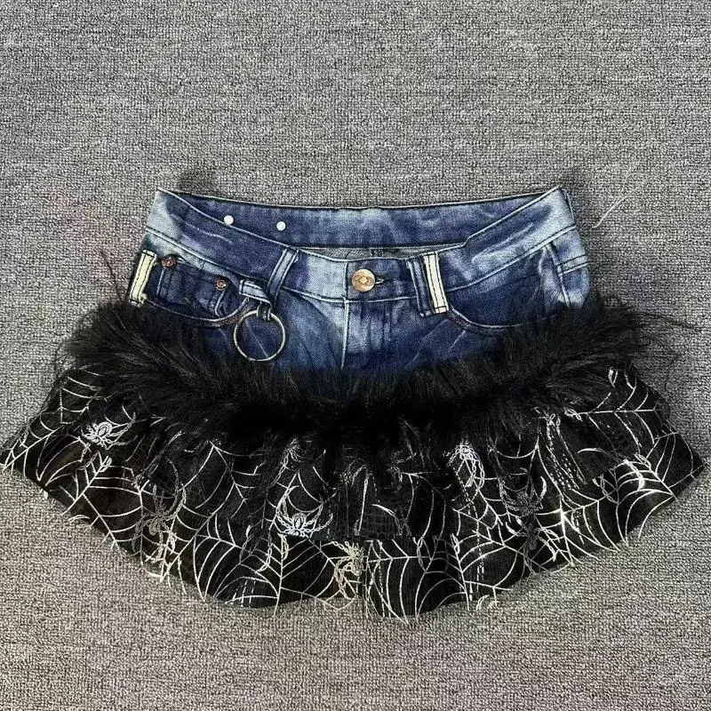 Gothic Grunge Denim Skirts Women Subculture Retro Punk Print Mini Skirt Vintage Streetwear Fashion Faux Fur Patchwork Skirt