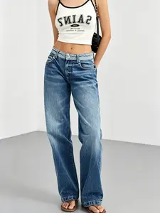 petite friendly clothing,American style flared retro washeddenim, daily fashion, casual, versatile, loose fitting women'spants