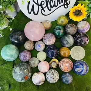Natural Polished Crystals Ball - Raw Stone Feng Shui Ornament, Meditation Prop, Home Decor Energy Corner Accent, Meaningful Small Gift for Halloween or Birthdays