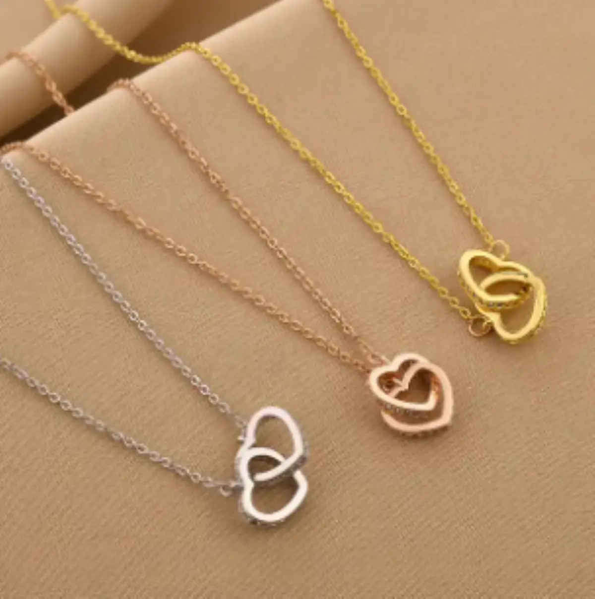 Interlock Double Heart Necklace Fashion Jewelry - Crystal Boarder