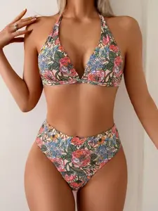Women's Two-Piece Tropical Print Sexy Triangle Bikini Set, Beach Swimwear with Tie-Back Straps, Summer Fashion Swimsuit, Floral Print Swimsuits