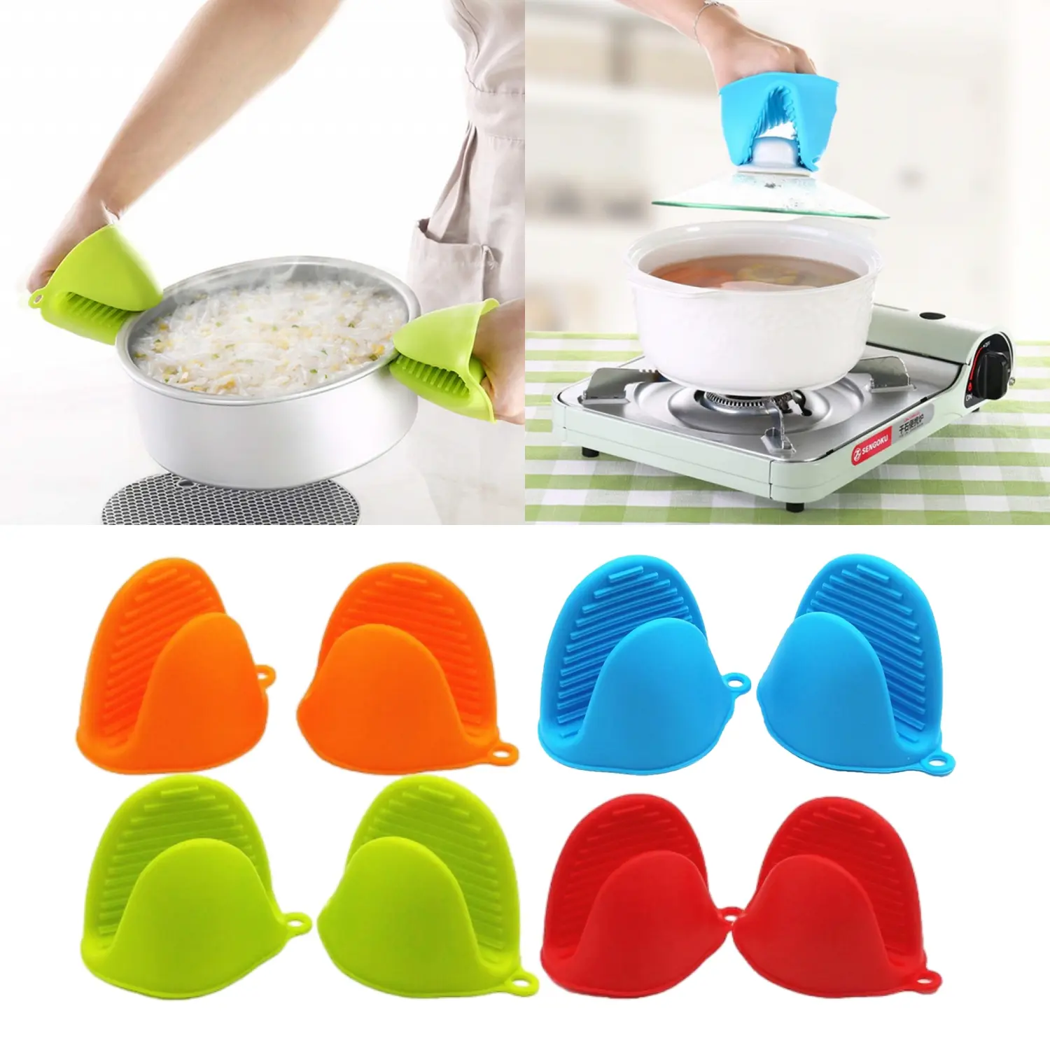Thick Insulated Heatproof Silicone Anti-Burn Oven Mitts & Potholders Set - 4 Pairs (8-Piece) Kitchen Tools for Baking, Grilling (Red, Orange, Blue, Green)