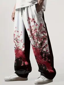 Men's Japanese cherry blossom print wide-leg trousers, red plum blossom street casual drawstring trousers, street loose black, Y2K retro trousers, casual sports style, retro trendy sense, personalized design, classic color matching
