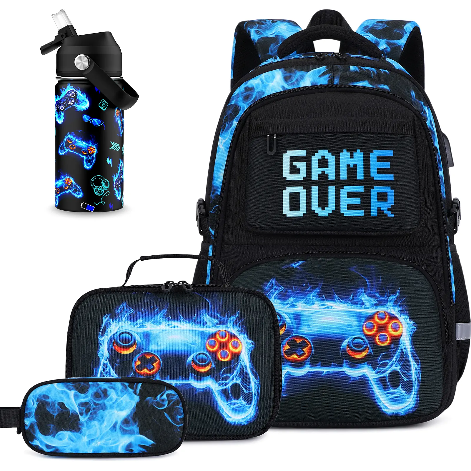 SIMILOVE 18" Gamer Backpack for Boys, Cool Gamer Boys Backpack with Lunch Box and Pencil Case for Kids Kindergarten Teens Elementary Middle School Bag with Convenient Charging Port,Gaming Bookbag Waterproof