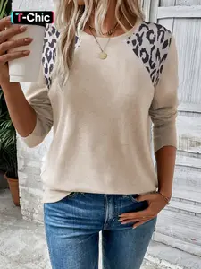Hotapei Spring & Fall Casual Leopard Print Colorblock Round Neck Long Sleeve Fitted Top, Comfortable Pullover Sweater for Women