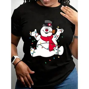 Frosty The Snowman Christmas Graphic T-Shirt - Black Casual Crewneck Tee With Holiday Lights Design, Adult Sizes, Machine Washable Festive Gift Rel, Winter Wonderland Christmas Decorations jp01
